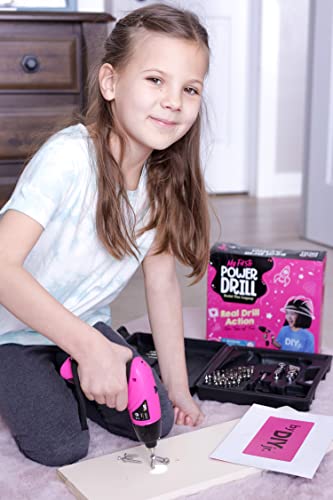 DIY jr. My First Power Drill - 60-Piece Working Tool Set for Girls - Rechargeable Cordless Pink Drill with LED Light - Learning, Building & Construction Kit for Kids - With Carrying Case, Charger