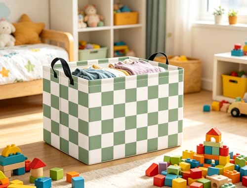 Image of Rectangular Kids Basket Baby Girl Basket Fabric Storage Bin Organizer Box Room Decor(Green Checkered)