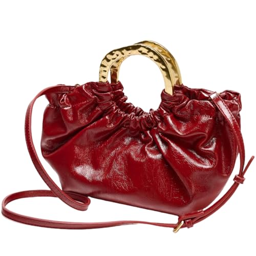 Golden Handle Purse Small Shoulder Bag for Women Ruched Faux Leather Crossbody Bag With Adjustable Strap