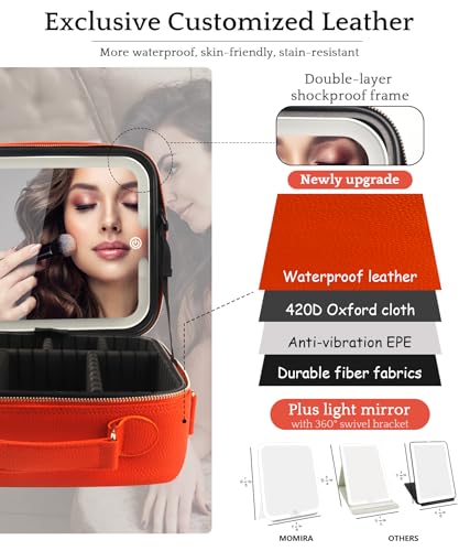 Image of MOMIRA Travel Makeup Bag Cosmetic Bag with Lighted Mirror, Adjustable Brightness in 3 Color Scenarios /Detachable makeup mirror, All-round Upgrade, Waterproof, Gift for Women -Orange