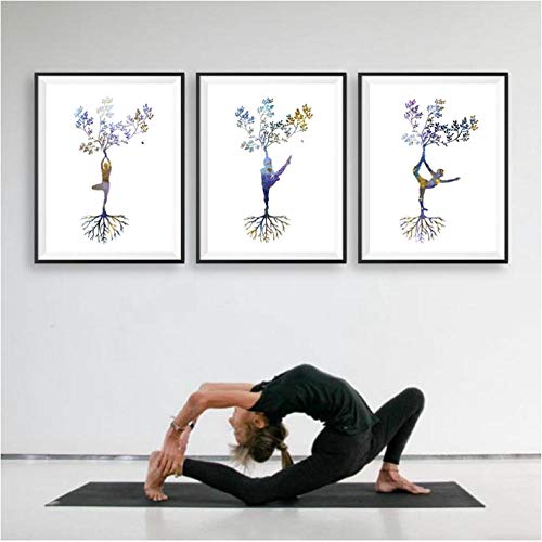 Rjunjie Yoga Print Woman Yoga Asanas Zen Wall Art Posters and Prints Yoga Tree Abstract Art Picture Canvas Painting Home Decor （30x50x3pcs cm sin Marco）
