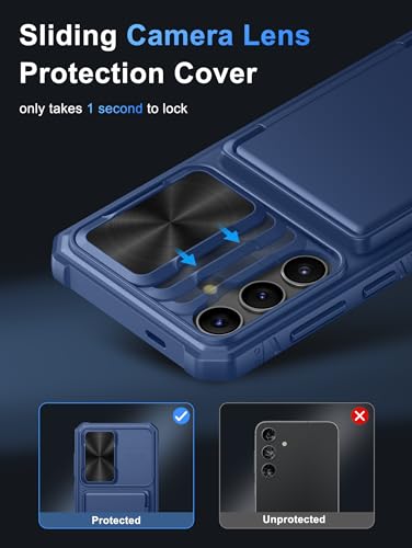 Image of Vihibii for Samsung Galaxy S24 Plus Back Cover with Card Holder (4 Cards) & Slide Camera Cover & Kickstand, Hard Case for Galaxy S24 Plus, Blue