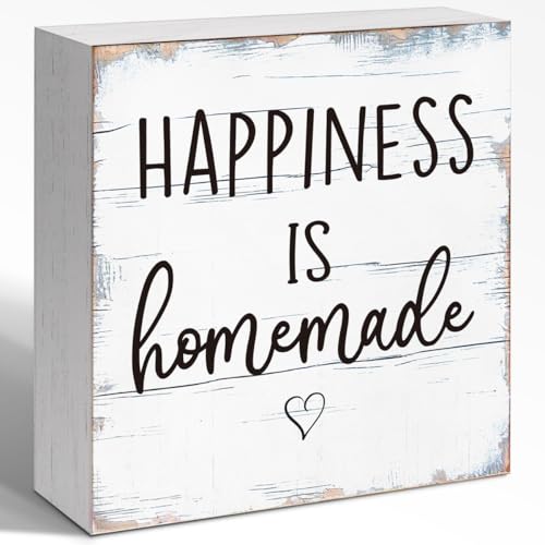 WUZYOU Funny Kitchen Wood Box Sign Table Decor, Retro Happiness Is Homemade Wood Block Sign, Humorous Kitchen Decor for Diningroom Table Shelf 5x5x1 INCH