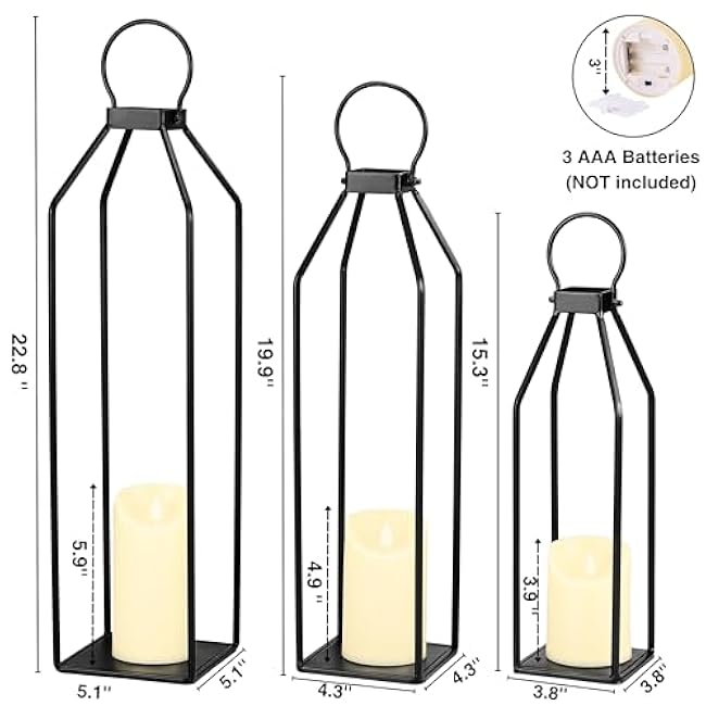 Perfnique Modern Farmhouse Lanterns, Set of 3 Black Metal Lanterns w/ 6hr Timer Flickering Flameless Candles, Decorative for Outdoor Decor, Front Porch, Indoor, Patio, Garden, Fireplace, Christmas