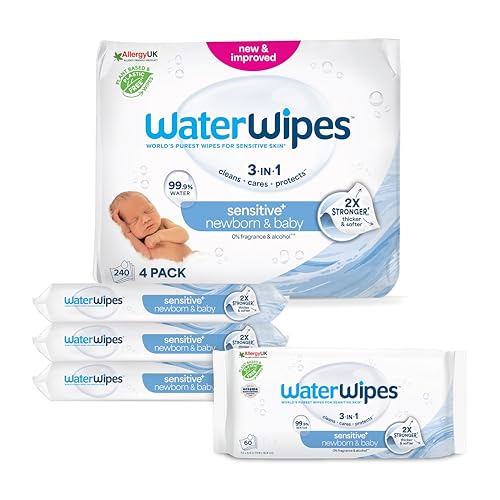 WaterWipes Sensitive+ Newborn & Baby Wipes, 240 Pezzi (4 Confezioni), Deterge, Cura, Protegge, 99,9% Acqua, Senza...