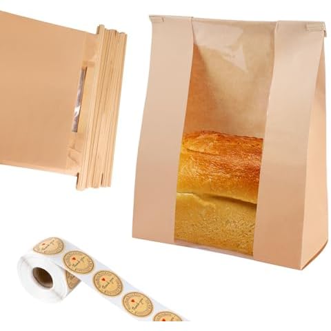Dualshine 100 Pcs Bread Bags for Homemade Bread Sourdough Bread Bags Paper Kraft with Window Bread Bags 14" x 8.3" x 3.5" with Tin Strip and 500 Pcs Seal Stickers for Cookies Coffee Beans and Bakery Cover