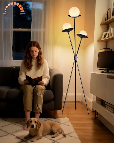 Image of 3 Globe Dimmable Tripod Floor Lamp, Mid Century Standing Lamps with 3Pcs 3000K Bulbs Included, Modern Black Tall Lamp for Living Room Bedroom Home Office Sofa Beside Corner Decor