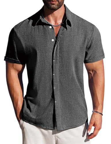 LETSEE Hawaiian Shirt for Men Linen Casual Short Sleeve Button Down Summer Beach Dress Shirts Vacation Outfit, Dark Grey, 3XL
