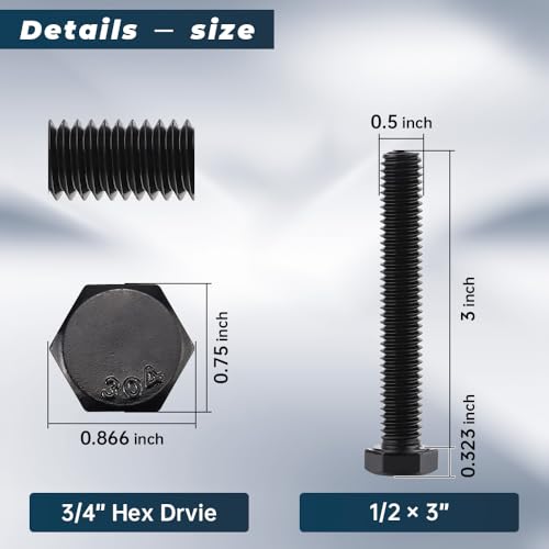 Image of Glvaner 1 /2-13 x 3 Stainless Steel Hex Head Screws Bolts, Black Coated, 304 Stainless Steel 18-8, Hexagon Head Bolts, Full Thread, 6 pcs