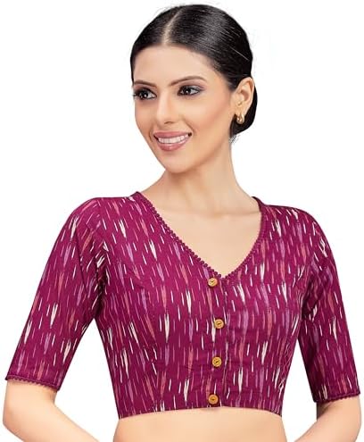 Studio Shringaar Women's Cotton Ikat Printed Elbow Length Sleeves Saree Blouse
