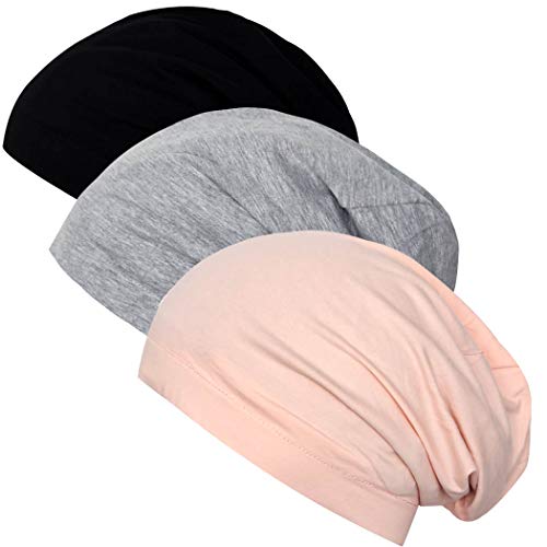 mifengda 3 Pieces Satin Lined Sleep Cap Hair Sleeping Cap Hat Beanies Night Cap Head Sleeping Cap Night Sleeping Hair Cap Double Layers Sleep Cap Cotton Hair Wraps Satin Sleeping Cap for Women Hair, Black, Pink, Grey, Medium