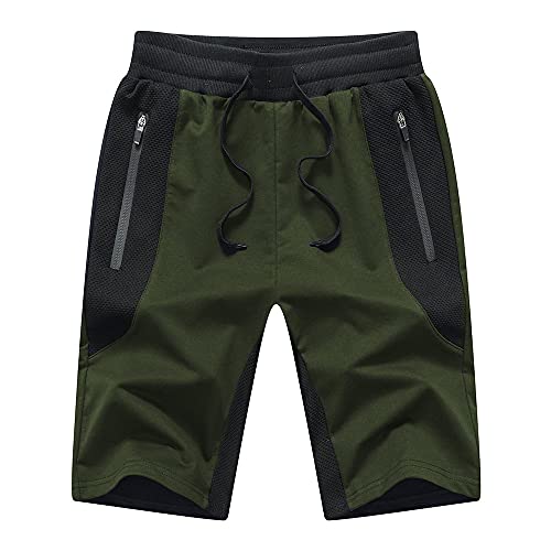 JustSun Mens Shorts Cotton Summer Sports Running Gym Shorts with Zip Pockets and Elastic Waist Army Green Small