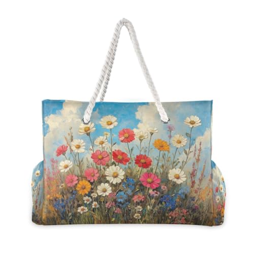 ATTX Wild Flowers Oil Painting Beach Bags for Women - Large Beach Bags with Zipper Waterproof Sandproof Swim Pool Bag Large Tote#3832
