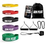 SDN PLUS Elastici Fitness, Set 5 Bande Elstiche Fitness, Fasce Elastiche di Resistenza, 2 Maniglie, Ancoraggio Porta, Sacca, Ebook con 4 Programmi di Allenamento