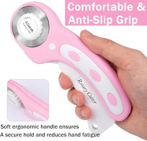 45mm Rotary Cutter for Fabric with 5pcs Extra Blades, Ergonomic Handle Rolling Cutter with Safety Lock for Fabric for Leather, Sewing, Quilting, Rotary Cutter Perfect for Left & Right Hand (Pink) - 4