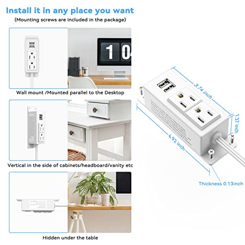 Kungfuking Power Strip With Usb, Wall Mountable Socket Surge Protector Power Strip With 2 Ac Outlets And 2 Usb Charging Ports White Extension Cord 6.56 Ft, Flat Plug #TOP7