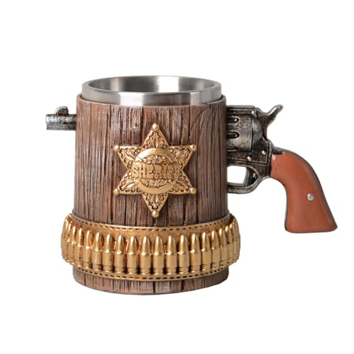 HAUCOZE Boccale di Birra con Coppa in acciaio inossidabile, Vichingo Beer Stein Mug per Compleanno Regalo Uomini Padre Marito, Sceriffo Design 450ml