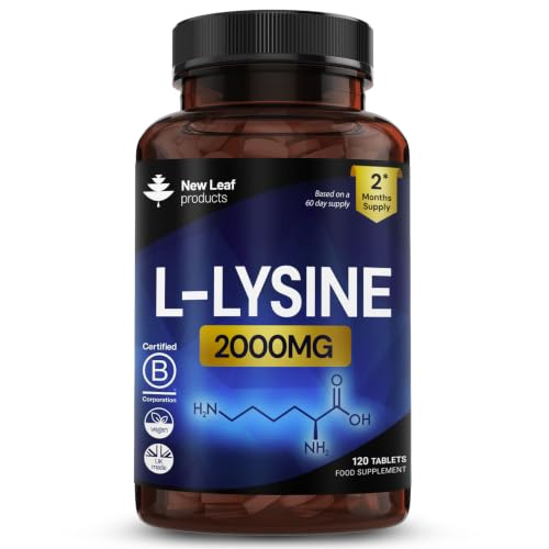 L-Lysine Tablets 2000mg - High Strength Lysine Nutritional Supplements - Essential Amino Acid L Lysine - 120 Vegan Lysine Tablets 2 Month Supply Made in The UK By New Leaf