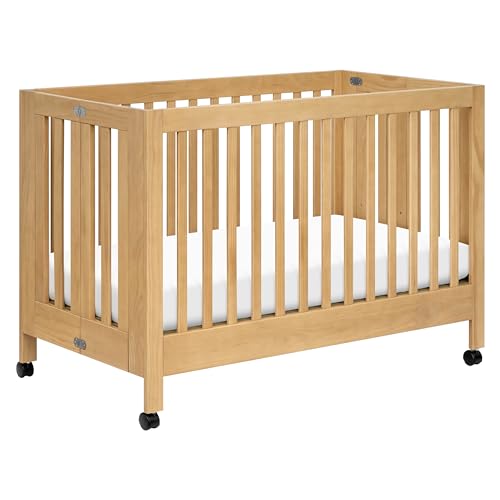 Image of Babyletto Maki 2-in-1 Baby Crib Convertible to Toddler Bed - GREENGUARD Gold Certified Portable, Folding Wood Crib w/Toddler Conversion Kit - 4 Adjustable Heights, Easy to Assemble - Honey