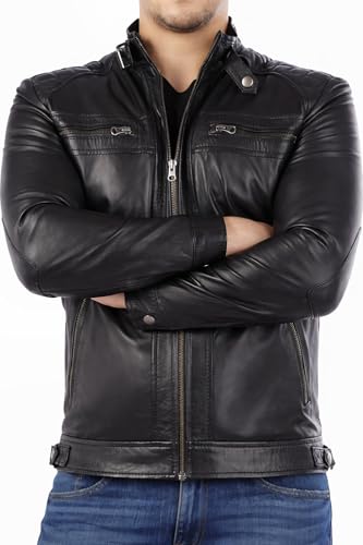 Image of Genuine Leather Men's cafe racer jacket Sheepskin Stand Collar Trucker real leather Jacket