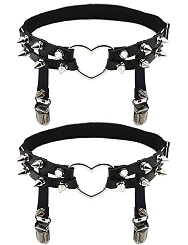 Adove Women Adjustable Leather Thigh Garter Heart Shaped Leg Garter with Clips Punk Goth Garters for Thigh High Socks Black(2P Black Heart-Shaped)