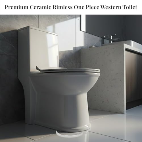 Image of KrissKross Premium Ceramic Rimless One Piece Western Toilet /Commode for Toilet /European Commode With Soft Close Seat Cover For Lavatory /Washdown Flush Commode With - S Trap Outlet (White)