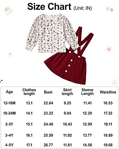 Nilikastta 4-5T Girl Clothes Fall Outfits Cute Floral Puff Long Sleeve Tops Baby Overall Dress Suspenders Skirt Set(Burgundy,4-5T) #TOP6