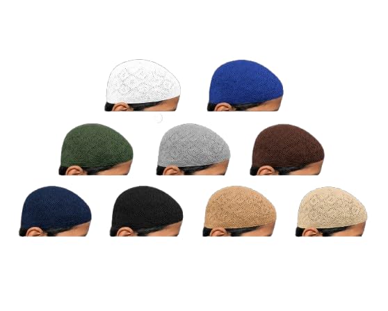 Image of Crochet Islamic Namaz Topi, White, Blue, Green, Grey, Brown, Stretch Fit, Lightweight, Pack of 7