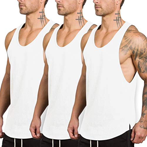 LUODITO 3 Pack Men's Stringers Bodybuilding Tank Tops Gym Workout Sleeveless Muscle Shirts Fitness Vest (3 Pack:White,White,White, Medium)