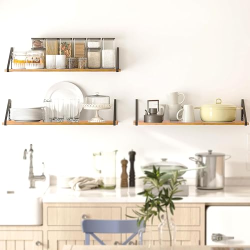 Image of Decazone Floating Shelves for Wall Storage - Set of 3, MDF Board Bookshelves for Living Room, Bedroom, Kitchen & Office - Sturdy Wall-Mounted Display for Bookcase & Decor (Brown, Wide- 36 inch Inch)
