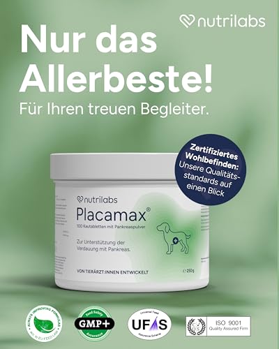 NutriLabs Placamax® Tabletten für Hunde 100 Stk. - Tabletten für Verdauung mit Ananaspulver, Vitamine, Pankreaspulver etc. - Gesundheitsprodukte für Hunde - Nahrungsergänzungsmittel Hund