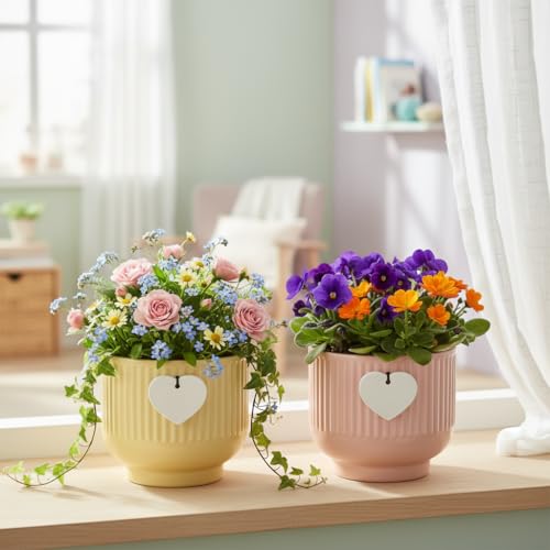 Image of Xtore Elegant Ribbed Ceramic Planter Set for Indoor Plants | Minimalist Decorative Flower Pots for Home, Office Desk & Shelf Styling (Pack of 2, Planters only)