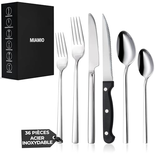 MIAMIO – Ensemble de Couverts en Acier Inoxydable pour 6 Personnes/Service de 36 Pièces – Inclut Couteaux, Fourchettes, Cuillères – Compatible Lave-Vaisselle (Argent)