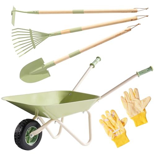 ROBUD Kinder-Schubkarren-Garten-Set mit Laubbesen Schaufel Hacke und Handschuhen 6-teiliges Gartenspielzeug für Kleinkinder ab 3 Jahren Outdoor-Gartengeräte für Jungen und Mädchen Gartengeschenke