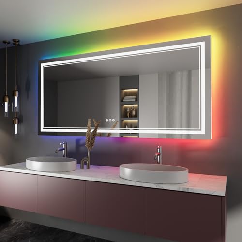 77x36 Inch RGB LED Bathroom Mirror with Lights, Color Changing RGB Backlit LED Mirror for Bathroom,Lighted Vanity Mirrors for Bathroom Wall, Dimmable, Anti-Fog (RGB Backlit+Front-Lit)