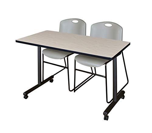 Image of Regency Kobe 48 x 24 in. Mobile T-Base Training Table- Maple, 2 Zeng Stack Chairs- Grey