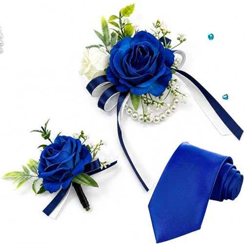 YIXAXKAO Prom Corsage and Boutonniere Set Prom Wrist Corsage and Boutonniere Artificial Rose Flowers Accessories Corsage Wristlet Band Bracelet with Solid Color Ties for Prom 2026 Decor (Blue)