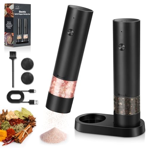 srml Rechargeable Electric Salt and Pepper Grinder Set with 4 Adjustable Coarseness USB-C Automatic Pepper Mill Spice Grinder with Ceramic Grinding Core Dust Cover and Base for Home Kitchen BBQ