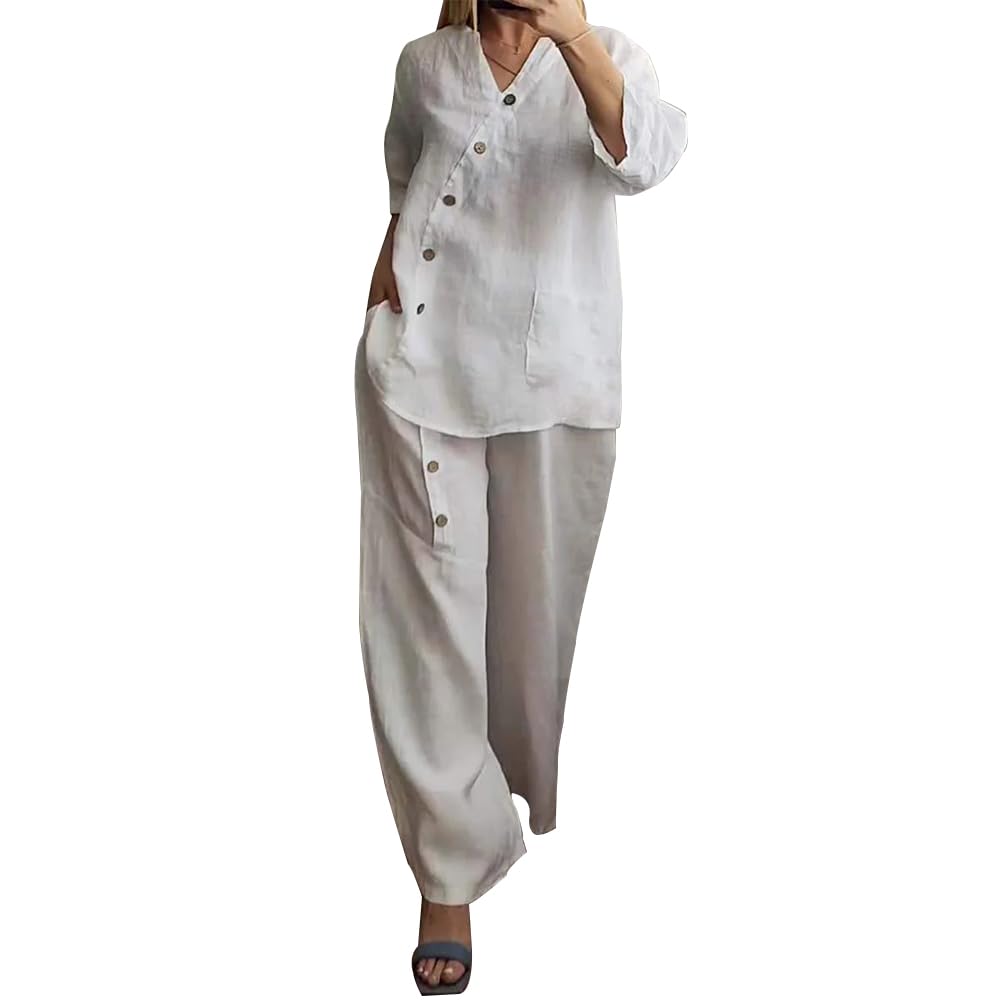 Linen Outfits for Women 2 Piece Set Cotton Linen Pants Suits V Neck Button Long Sleeve Tops Wide
