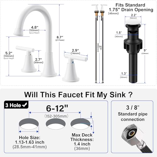 Image of Bathroom Faucet 3 Hole, White Faucets with Pop-up Drain and Supply Lines