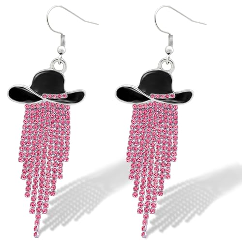 RechicGu Western Cowgirl Enamel Hat Sparkly Rhinestone Tassel Dangle Earrings Prom Country Concerts Cowboy Outfits Rodeo Jewelry Gift for Women,RoseRed Crystal and Black Hat