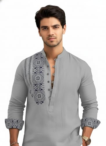 Image of Amazon Brand - INKAST Men's Cotton Blend Mandarin Collar Self One Design Full Sleeve Casual Short Kurta