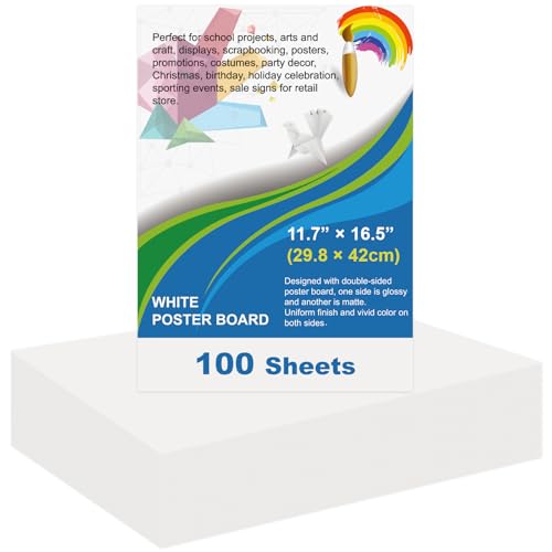 Image of 100 Pcs White Poster Board Paper 11.7 x 16.5, ROOKEA White Vision Boards Bulk Smart Posterboard Blank Graphic Display Card Paper for Drawing Artwork School Arts Crafts Classroom Projects Scrapbooking