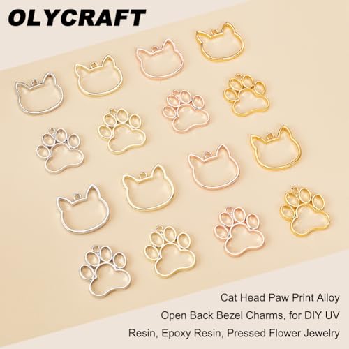 OLYCRAFT 32pcs 2 Styles Dog Paw Open Bezel Pendants Alloy Open Bezels for Resin Cat Head Open Back Bezel Footprint Hollow Frame with Loop for DIY UV Resin Jewelry Making - Image 4