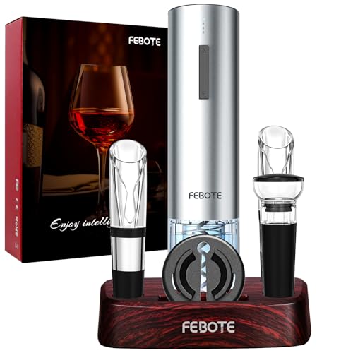 FEBOTE Electric Wine Opener Set, Rechargable Automatic Wine Bottle Corkscrew Opener with Wood Stand - 2 Vacuum Wine Stoppers Wine Aerator Foil Cutter for Home Bar Party Valentine's Day Christmas Gift