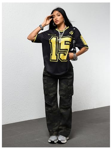Image of SOLY HUX Jersey Shirts for Women Number Graphic Print V Neck Baggy Tees Hip Hop Streetwear