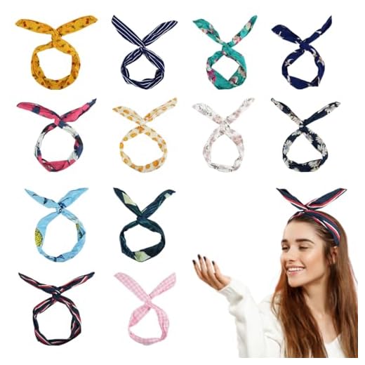 LZYMSZ 12PCS Twist Bow Bandas Para la Cabeza con Cable, Alambre de Hierro Anudado Banda Para Cabello Flor, Yoga Head Wraps Turbante Deportivo, Vintage Impreso Criss Cross(12-SS)