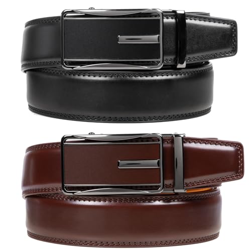 Image of 2 Pack Ratchet Belt 1 3 /8 inch, Mens leather Dress Belt in Gift Set Size 28 inch-62 inch Adjustable waist Trim to Fit
