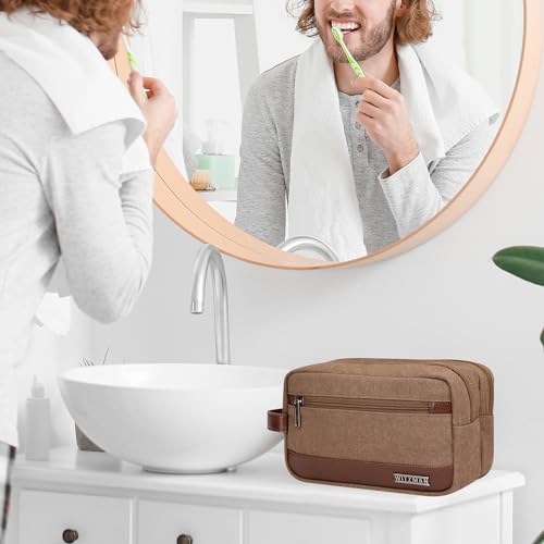 WITZMAN Canvas Toiletry Bag for Men Hanging Dopp Kit Organizer Water-resistant Travel Toiletries bag Men Bathroom Bag with Wet Pocket(A8001 Brown) - Thumbnail 2