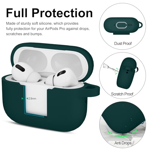 Image of for AirPods Pro 2nd 1st Generation Case Cover with Keychain, Protective Soft Silicone Skin Accessories for Apple AirPods Pro Charging Case 2022 /2019, Front LED Visible, Dark Green